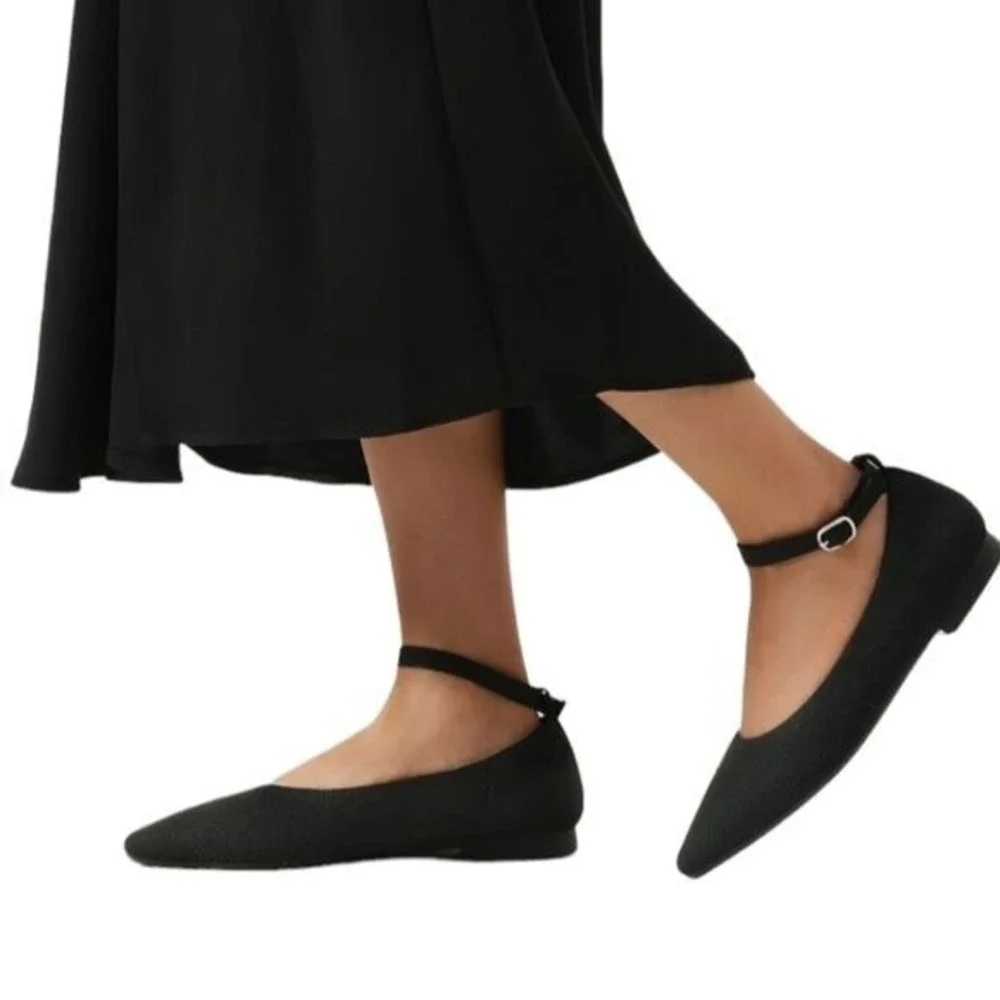 Burudani Black Knit Mary Jane Flats Women's Size 10 Comfort Slip-On Shoes Pointy